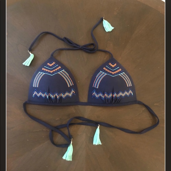 Navy bikini with neon Aztec accents and tassels - Picture 3 of 5